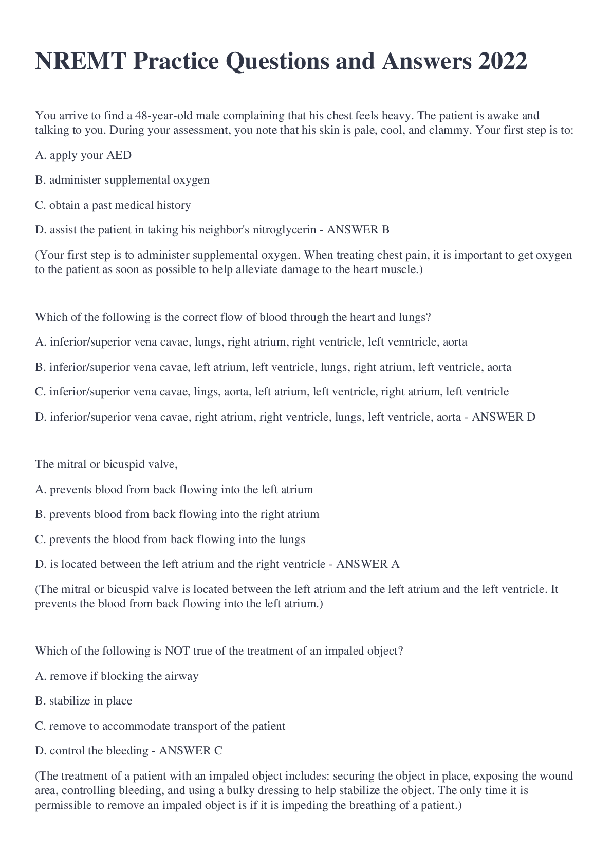 Preview image of NREMT Practice Questions and Answers 2022 document